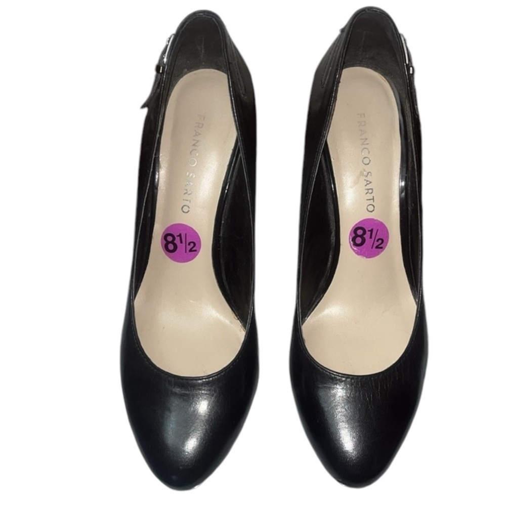 Franco Sarto black leather pumps faux buckle/belt adorned 3.5" heel - Picture 6 of 9